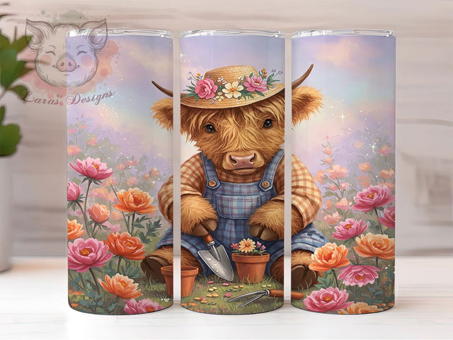 Highland Cow Floral Spring Tumbler, Gardener Design, Spring Drinkware, 20oz Sublimation Wrap, Farm Animal Mug, Floral Tumbler, Rustic Home Decor Sublimation Lara' s Designs 
