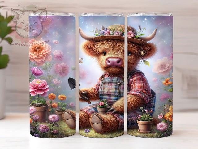 Highland Cow Floral Spring Tumbler, Gardener Design, Spring Drinkware, 20oz Sublimation Wrap, Farm Animal Mug, Floral Tumbler, Rustic Home Decor Sublimation Lara' s Designs 