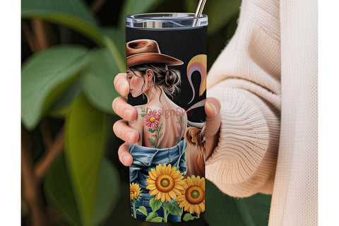 Highland Cow & Floral Tattoo Tumbler Sublimation DesignSVG 