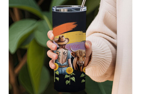 Highland Cow & Floral Tattoo Tumbler Sublimation DesignSVG 