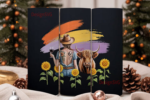 Highland Cow & Floral Tattoo Tumbler Sublimation DesignSVG 