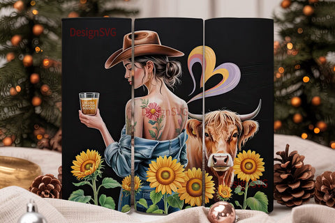 Highland Cow & Floral Tattoo Tumbler Sublimation DesignSVG 