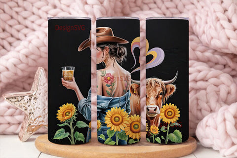 Highland Cow & Floral Tattoo Tumbler Sublimation DesignSVG 