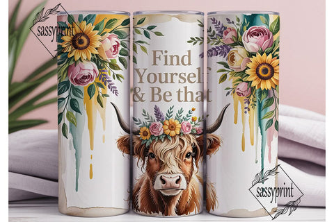 Highland Cow Floral Tumbler Design Sublimation sassyprint 