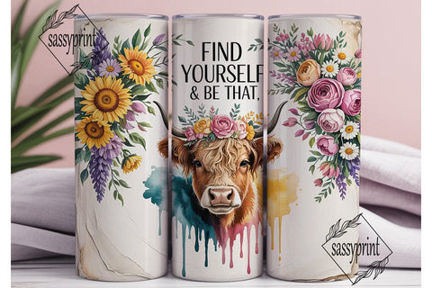 Highland Cow Floral Tumbler Design Sublimation sassyprint 