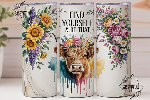 Highland Cow Floral Tumbler Design Sublimation sassyprint 
