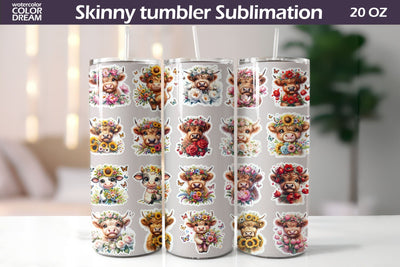 Highland Cow Floral Tumbler | Seamless Tumbler Wrap Sublimation WatercolorColorDream 