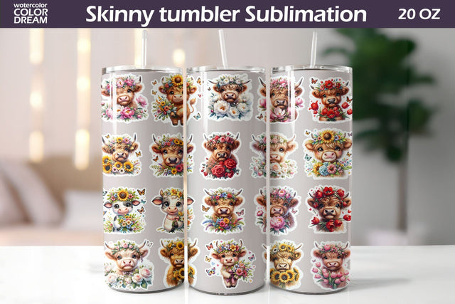 Highland Cow Floral Tumbler | Seamless Tumbler Wrap Sublimation WatercolorColorDream 