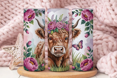 Highland Cow Floral Tumbler Wrap Sublimation DesignSVG 