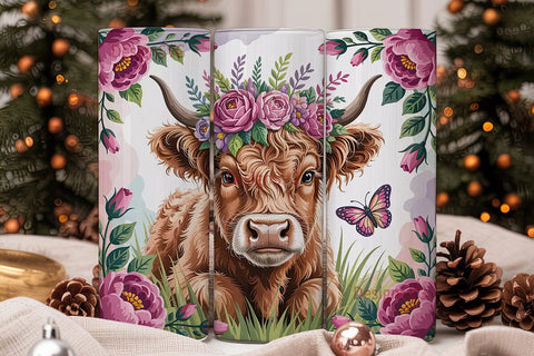 Highland Cow Floral Tumbler Wrap Sublimation DesignSVG 