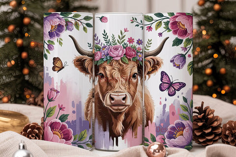 Highland Cow Floral Tumbler Wrap Sublimation DesignSVG 