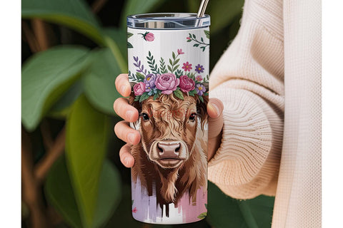 Highland Cow Floral Tumbler Wrap Sublimation DesignSVG 