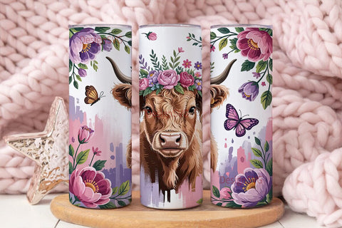 Highland Cow Floral Tumbler Wrap Sublimation DesignSVG 