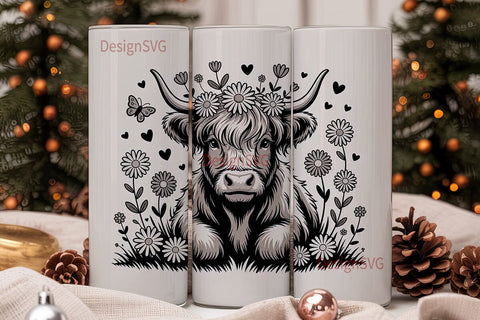 Highland Cow Floral Tumbler Wrap Sublimation DesignSVG 