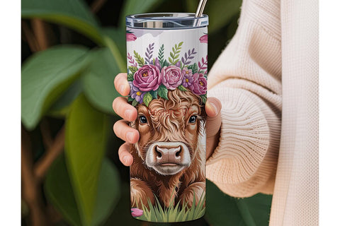 Highland Cow Floral Tumbler Wrap Sublimation DesignSVG 