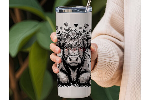 Highland Cow Floral Tumbler Wrap Sublimation DesignSVG 