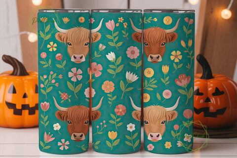 Highland Cow Floral Tumbler Wrap Sublimation PixelChick 