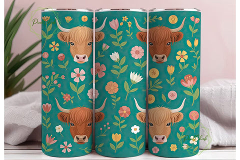 Highland Cow Floral Tumbler Wrap Sublimation PixelChick 