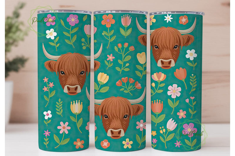 Highland Cow Floral Tumbler Wrap Sublimation PixelChick 