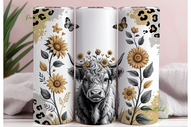 Highland Cow Floral Tumbler Wrap Sublimation PixelChick 