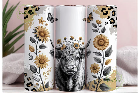 Highland Cow Floral Tumbler Wrap Sublimation PixelChick 