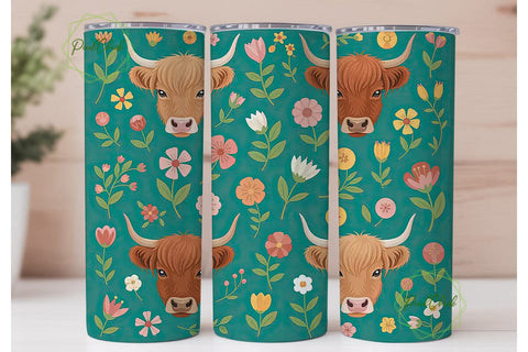 Highland Cow Floral Tumbler Wrap Sublimation PixelChick 