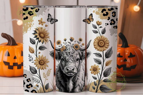 Highland Cow Floral Tumbler Wrap Sublimation PixelChick 
