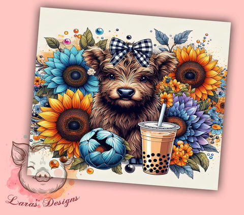 Highland Cow Flower 20oz Tumbler Png, Straight & Tapered Tumbler Png, Highland Cow Tumbler Png, Digital Download PNG Sublimation Lara' s Designs 