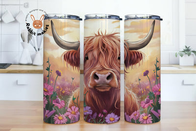 Highland Cow Flower Sublimation Design, Highland Cow 20oz Skinny Tumbler PNG Sublimation Rabbitmakies 