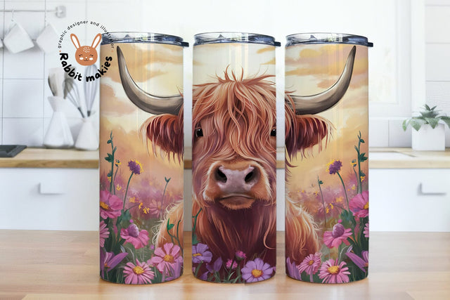Highland Cow Flower Sublimation Design, Highland Cow 20oz Skinny Tumbler PNG Sublimation Rabbitmakies 