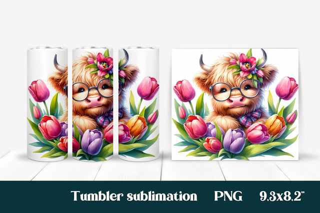 Highland cow flower tulip tumbler | Cow tumbler wrap Sublimation Svetana Studio 