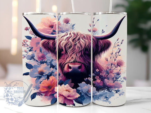 Highland Cow Flowers 20oz Skinny Tumbler, Highland Cow Tumbler Png, Straight & Tapered Tumbler Wrap, Instant Digital Download Sublimation ToriDesigns 