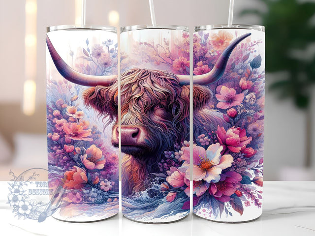 Highland Cow Flowers 20oz Skinny Tumbler, Highland Cow Tumbler Png, Straight & Tapered Tumbler Wrap, Instant Digital Download Sublimation ToriDesigns 