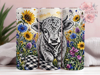 Highland Cow Flowers 20oz Tumbler, Highland Cow, Floral Design, Rustic Charm, Farmhouse Style, Whimsical Aesthetic, 20oz Wrap, Sublimation Tumbler Sublimation Li Zamperini 