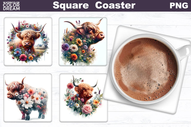 Highland Cow Flowers Square Coaster | Double Exposure Cow Sublimation WatercolorColorDream 