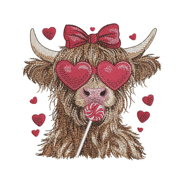 Highland Cow Girl with Hearts and Lollipop Embroidery Design, Love Embroidery File, 3 Sizes, Instant Download Embroidery/Applique DESIGNS Nino Nadaraia 