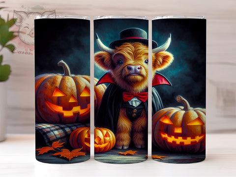 Highland Cow Halloween 20 oz Skinny Tumbler Sublimation Design, Straight & Tapered Tumbler Png, Halloween Pumpkin Tumbler Png, Digital Download PNG Sublimation Lara' s Designs 