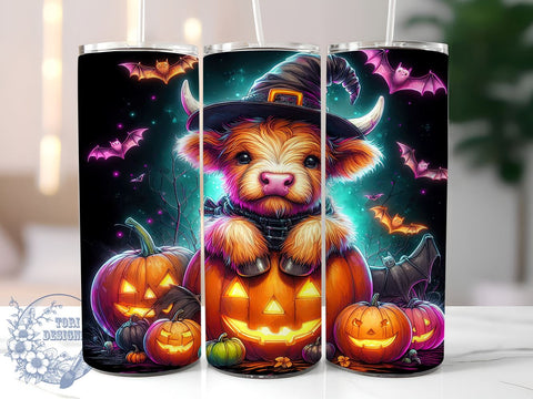 Highland Cow Halloween 20oz Skinny Tumbler PNG, Highland Cow Tumbler Sublimation Wrap, Straight & Tapered Tumbler Wrap, Instant Digital Download Sublimation ToriDesigns 