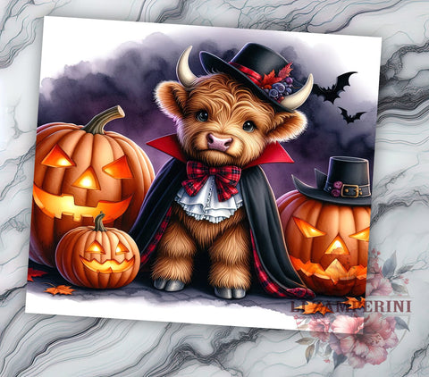 Highland Cow Halloween in Dracula Costume 20 oz Skinny Tumbler Sublimation Design, Straight & Tapered Tumbler Png, Highland Cow Tumbler Png, Digital Download PNG Sublimation Li Zamperini 