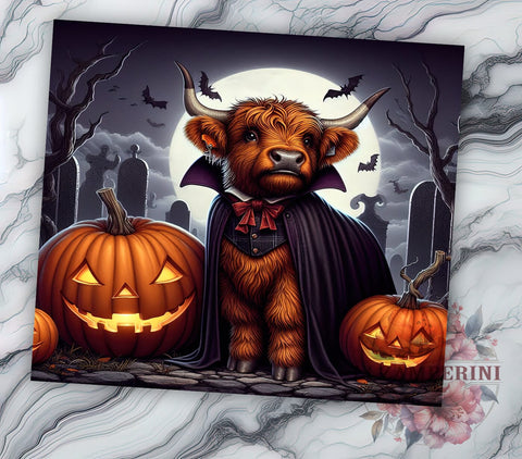 Highland Cow Halloween in Dracula Costume 20 oz Skinny Tumbler Sublimation Design, Straight & Tapered Tumbler Png, Highland Cow Tumbler Png, Digital Download PNG Sublimation Li Zamperini 