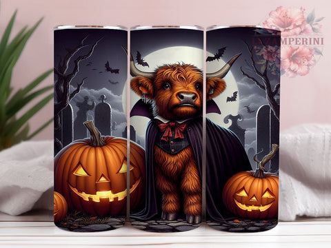 Highland Cow Halloween in Dracula Costume 20 oz Skinny Tumbler Sublimation Design, Straight & Tapered Tumbler Png, Highland Cow Tumbler Png, Digital Download PNG Sublimation Li Zamperini 