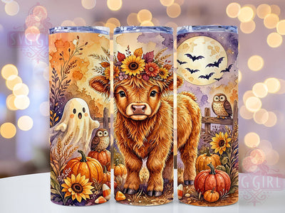 Highland Cow Halloween Moon 20oz Tumbler, Highland Cow Motif, Halloween Art Design, Moon Theme, Spooky Accent, Rustic Charm, Sublimation Wrap, 20oz Tumbler Sublimation SvggirlplusArt 