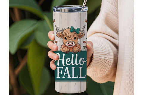 Highland Cow Hello Fall 20oz Tumbler Sublimation DesignSVG 