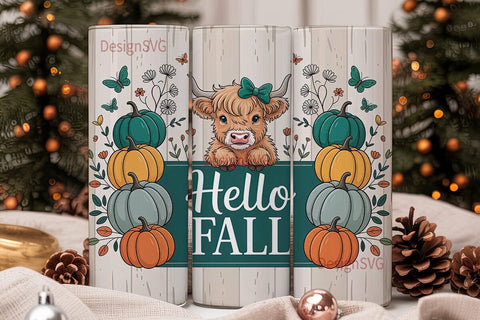 Highland Cow Hello Fall 20oz Tumbler Sublimation DesignSVG 