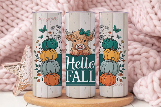 Highland Cow Hello Fall 20oz Tumbler Sublimation DesignSVG 
