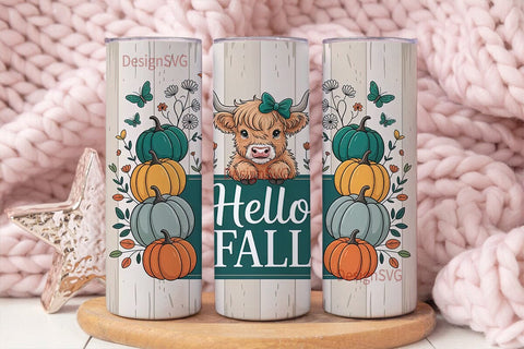 Highland Cow Hello Fall 20oz Tumbler Sublimation DesignSVG 