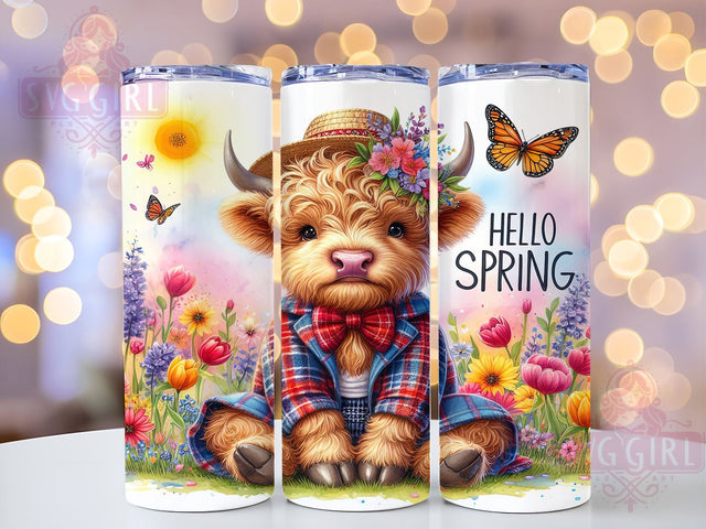 Highland Cow Hello Spring 20oz Tumbler Wrap, Spring Flower Design, 20oz Sublimation Tumbler, Cute Farm Animal Drinkware, Floral Gift for Her, Rustic Spring Decor, Hello Spring Tumbler Sublimation SvggirlplusArt 