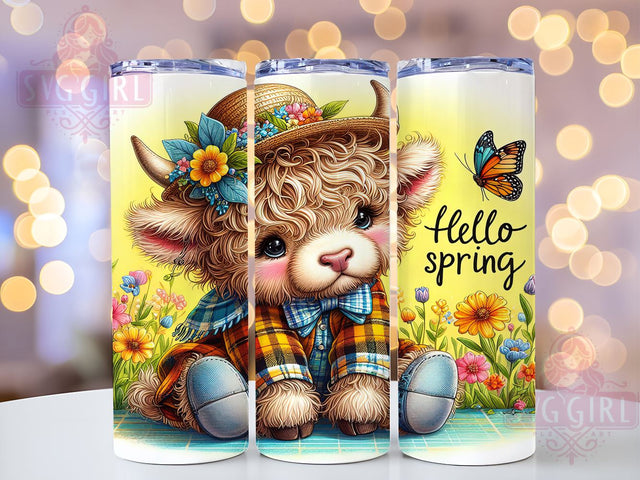 Highland Cow Hello Spring 20oz Tumbler Wrap, Spring Flower Design, 20oz Sublimation Tumbler, Cute Farm Animal Drinkware, Floral Gift for Her, Rustic Spring Decor, Hello Spring Tumbler Sublimation SvggirlplusArt 