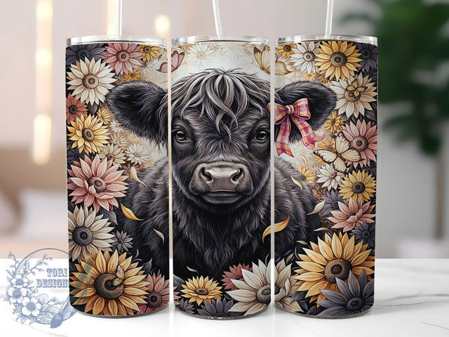 Highland Cow Illustration 20oz Tumbler, Black and White, Fluffy Calf, Front Facing, Detailed Illustration, Skinny Tumbler, Sublimation PNG Sublimation ToriDesigns 