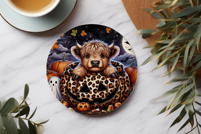 Highland Cow in Pumpkin Halloween Round Coaster PNG Sublimation BijouBay 